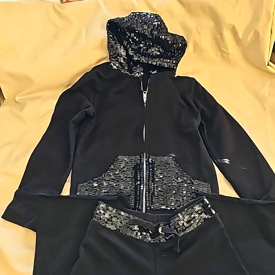 Flowers By Zoe Kids Hoodie Front Zip & Matching Pants Black 100% Cotton Size 6